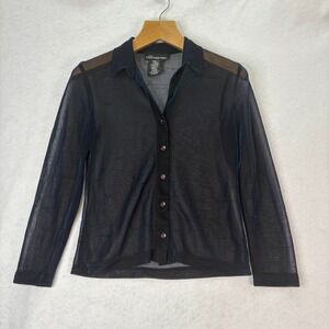 Vntg No Boundaries Sz M Blue Metallic Mesh Top Button Front Long Sleeve Shirt‎